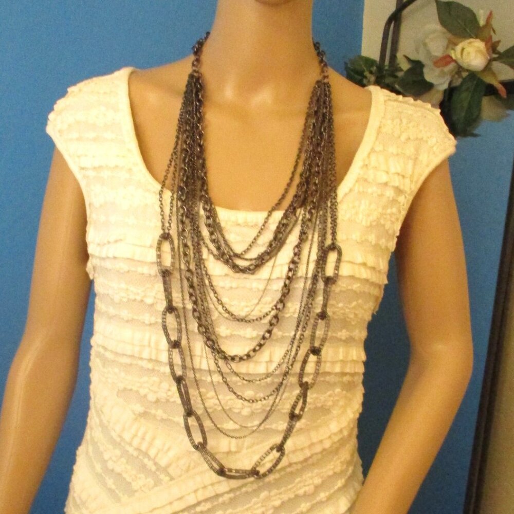 VINTAGE Metallic Grey Multi-Chain Necklace~48" Waist Length Convertible Necklace
